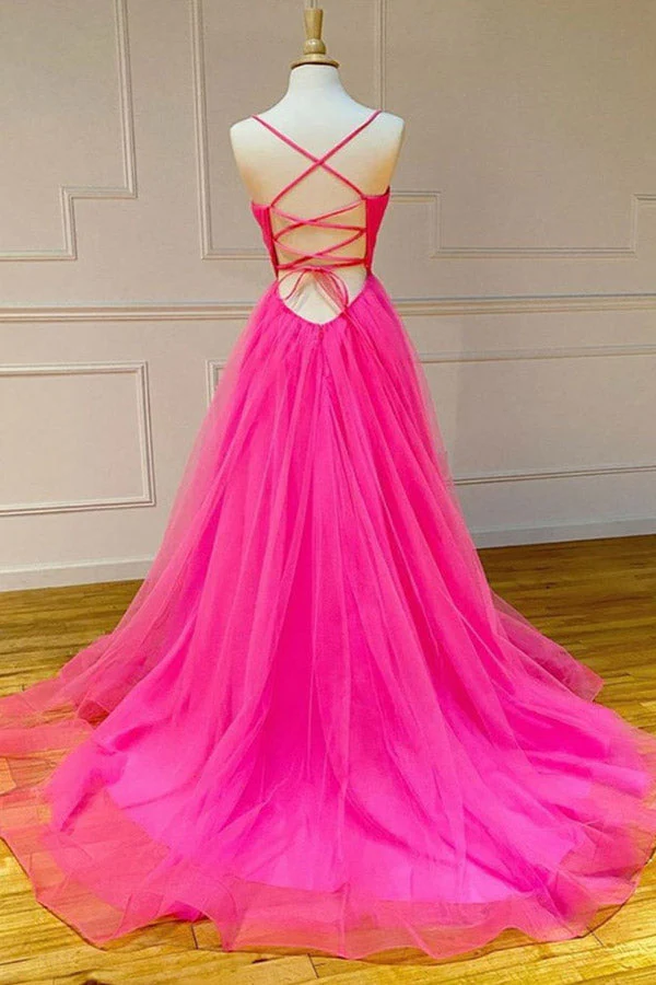 A-line Spaghetti Straps Hot Pink Pleated Long Prom Dress Evening Dress –  SELINADRESS