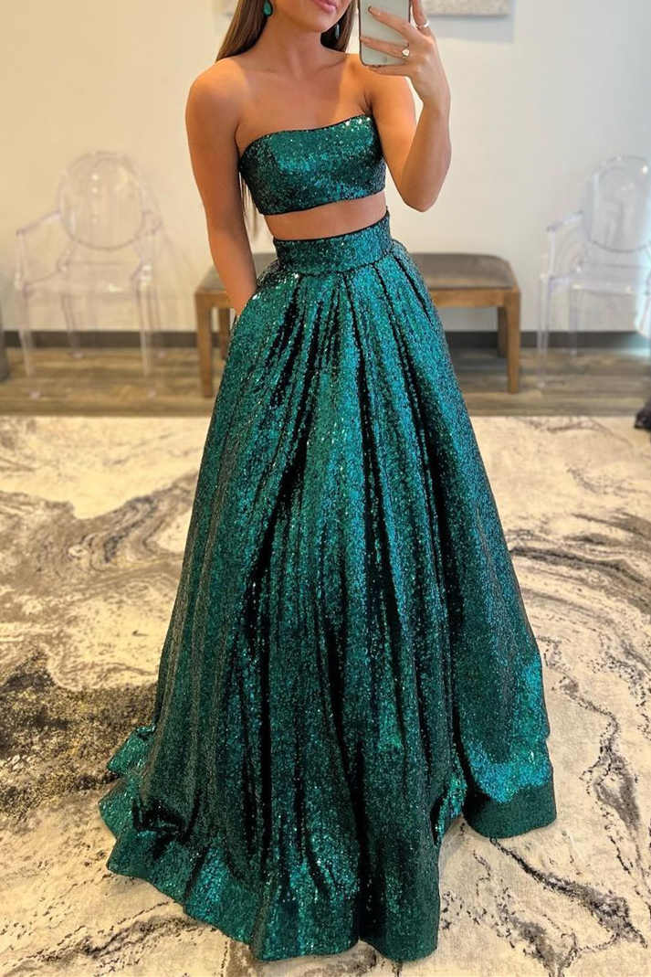 Emerald Green Sequins Two Piece Prom Dress with Pockets ASSD002|Selinadress