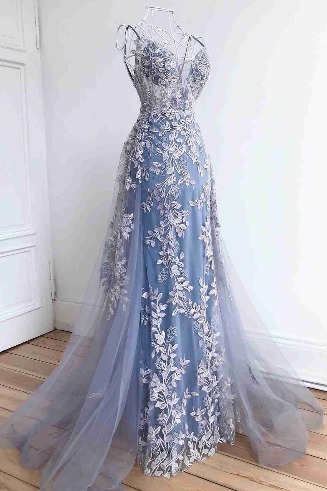 Tulle with Floral Ice Blue Lace Appliqued Prom Dress - VQ