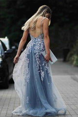 Stunning Dsuty Blue Tulle Long Formal Dress with Appliques ASSD004