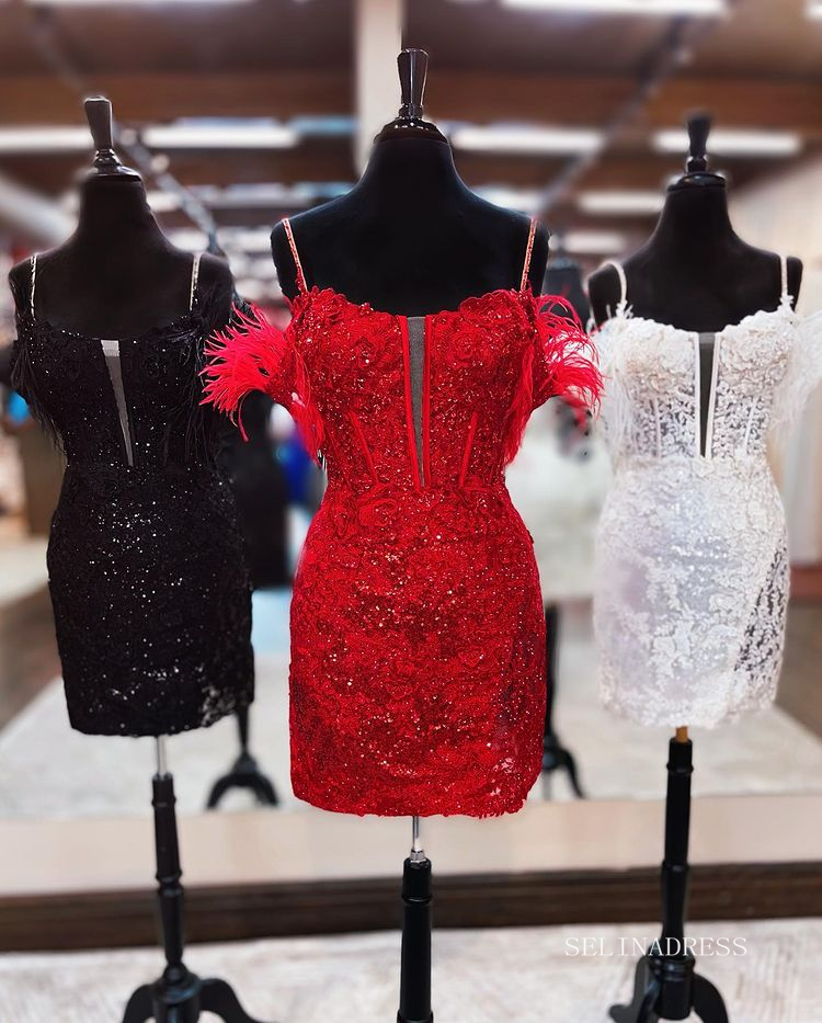 Glittery Red Sequins Homecoming Dresses 2022 Off-the-shoulder Cocktail Dresses #TKL006|Selinadress