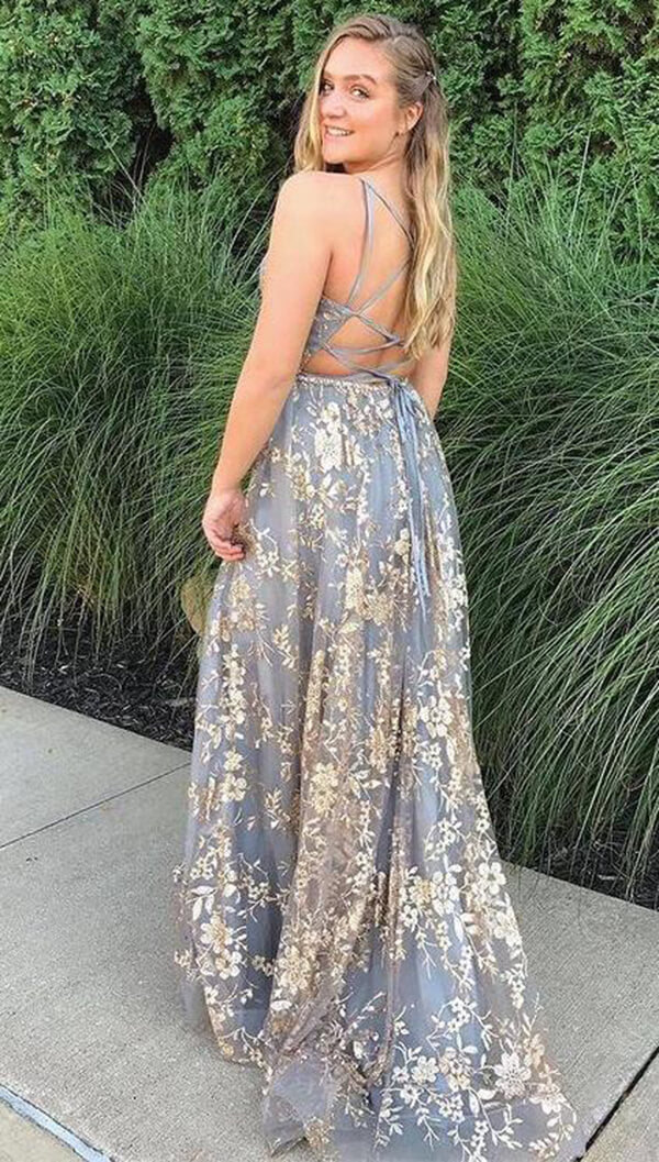 Grey Tulle Sequins Spaghetti Straps Prom Dresses With Slit, Formal Dresses, MP660