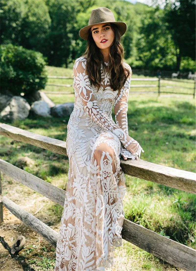 Chic Mermaid Bateau Long Sleeve Rustic Bohemian Wedding Dresses HKL0136