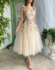 A-line Champagne Tea Length Prom Dress With Flower Cheap Evening Dresses HLK017