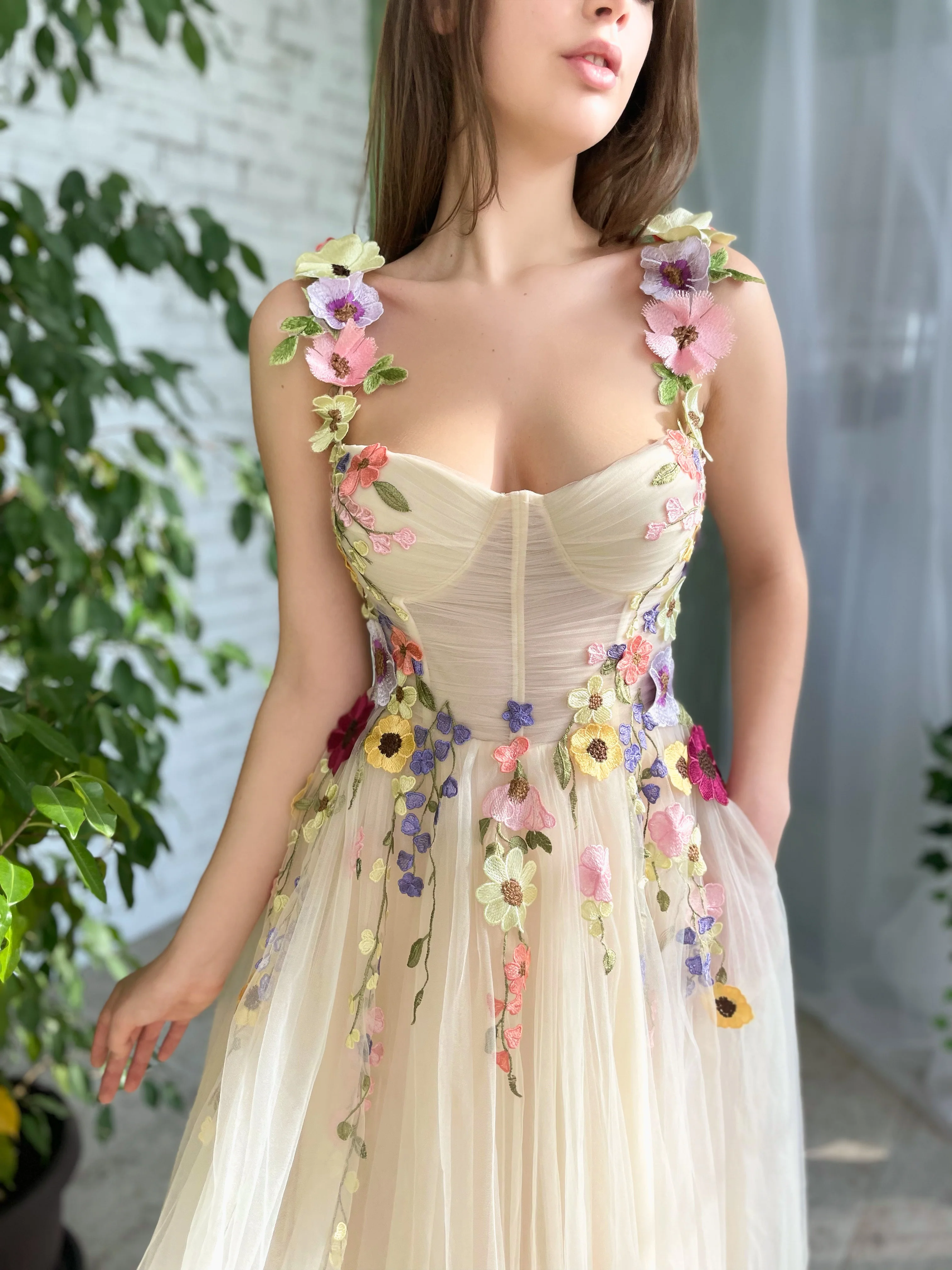 A-line Champagne Tea Length Prom Dress With Flower Cheap Evening Dresses HLK017