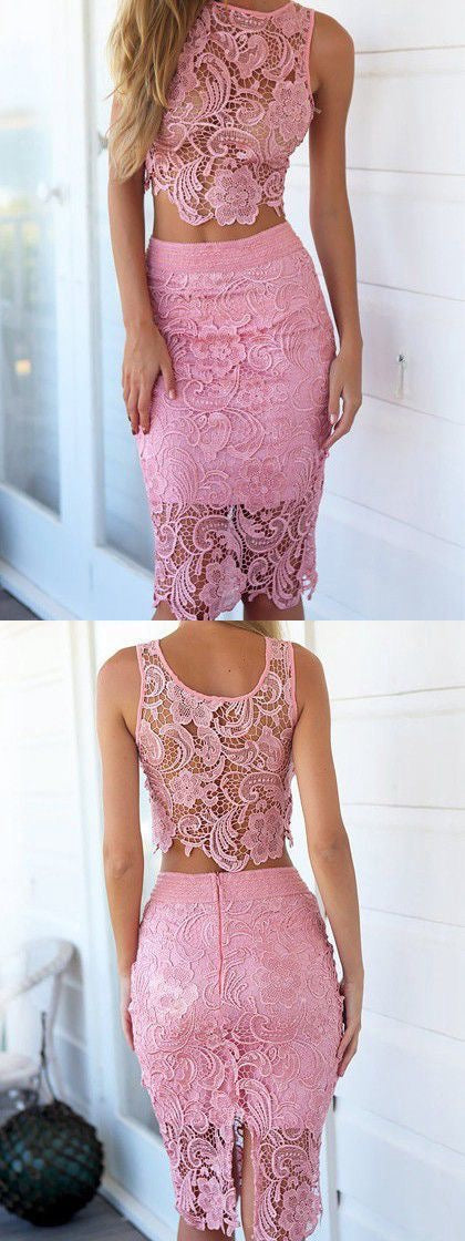 Two Piece Homecoming Dresses Sheath Lace Short Prom Dress Sexy Party Dress JK601