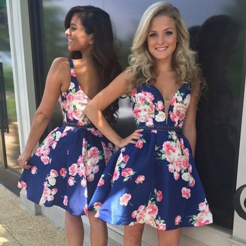 Cute Homecoming Dresses Straps A Line Floral Print Short Prom Dress Party Dress JK743