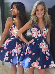 Cute Homecoming Dresses Straps A Line Floral Print Short Prom Dress Party Dress JK743