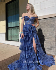 A-line Off the Sholder Glitter Tulle Ball Gowns Lace Long Prom Dresses Cheap Evening Dress JKSS01|Selinadress