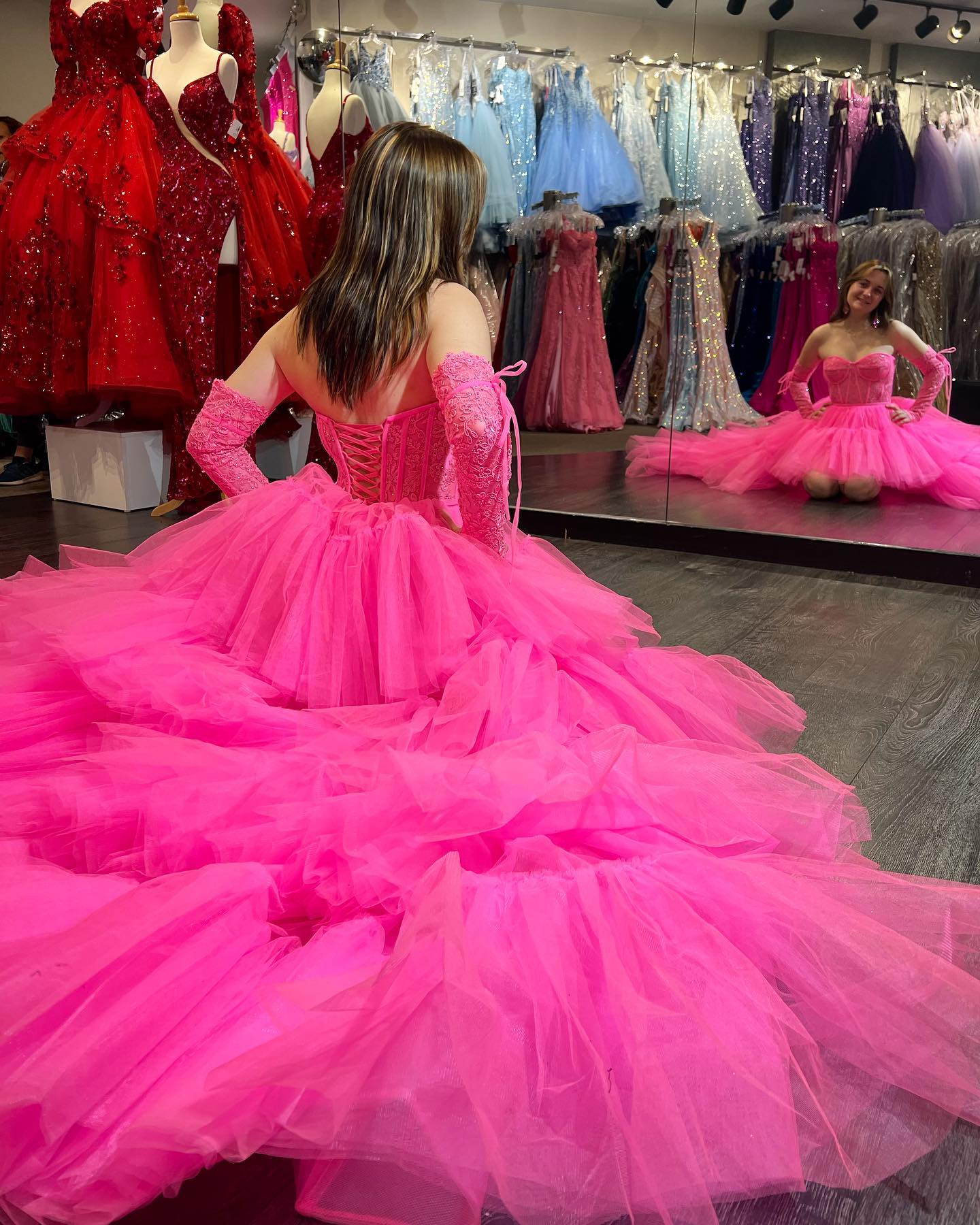 Gorgeous Sweetheart Hot Pink Lace Long Prom Dresses High Low Layered Formal Dresses JKW124|Selinadress