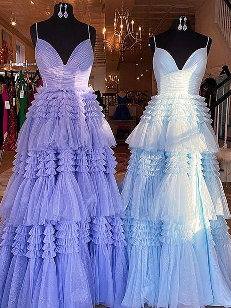 Chic A-line Spaghetti Straps Sky Blue Long Prom Dresses Cheap Evening Gowns MSK012|Selinadress