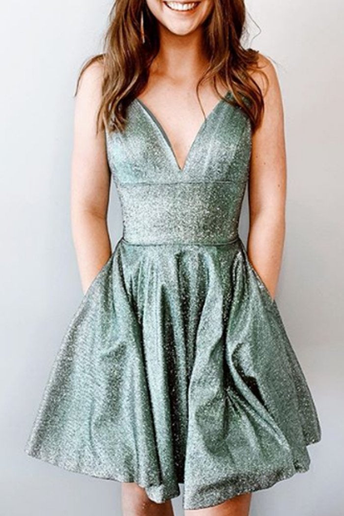 Spaghetti Straps V Neck Mini Prom Homecoming Dress Aqua Silver Cocktail Dress ANN6308