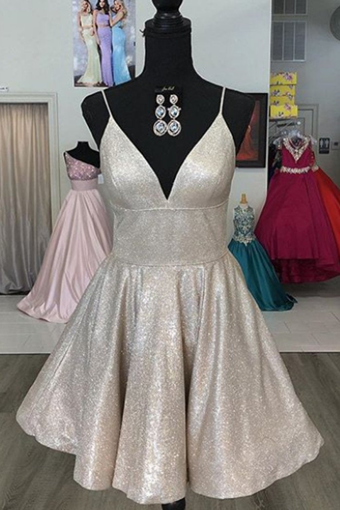 Spaghetti Straps V Neck Mini Prom Homecoming Dress Aqua Silver Cocktail Dress ANN6308