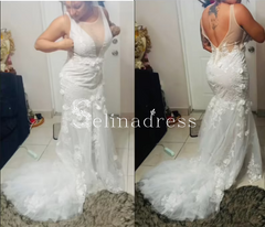 Mermaid Deep V neck Lace Wedding Dresses Open Back Rustic Bridal Gowns MHL139