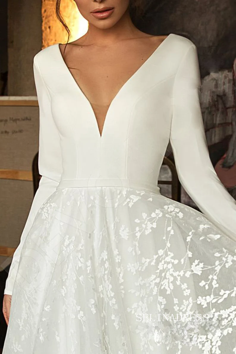 A-line Deep V Neck Long Sleeve Ivory Wedding Dresses Satin Bridal Gowns MHL160|Selinadress