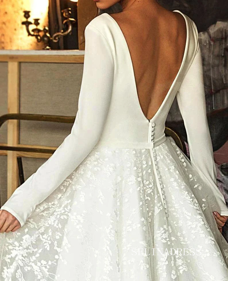 A-line Deep V Neck Long Sleeve Ivory Wedding Dresses Satin Bridal Gowns MHL160|Selinadress