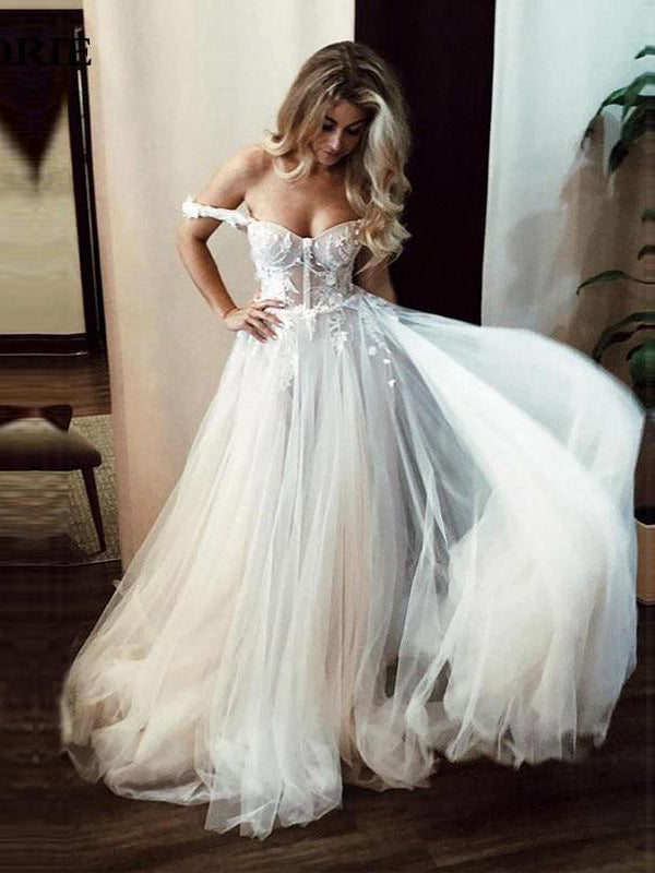 Romantic Off-the-shoulder Lace Wedding Dress A Line Bridal Dress MHL1824|Selinadress