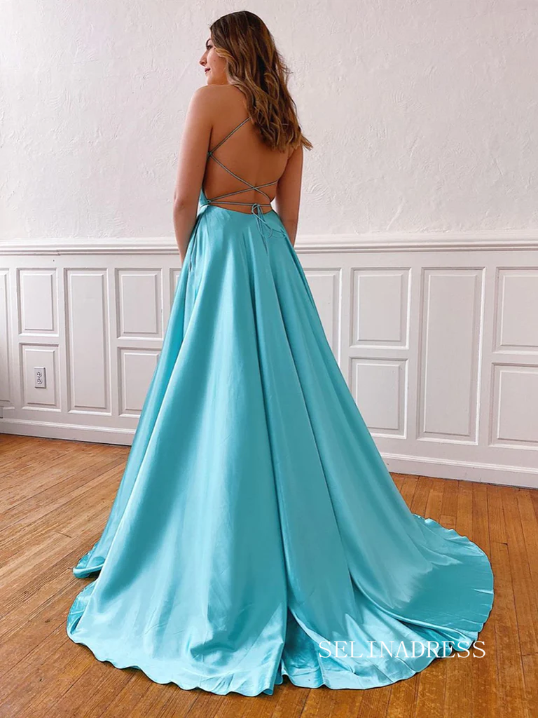 Chic A-line Spaghetti Straps Light Sky Blue Long Prom Dresses Cheap Evening Gowns MLH023|Selinadress