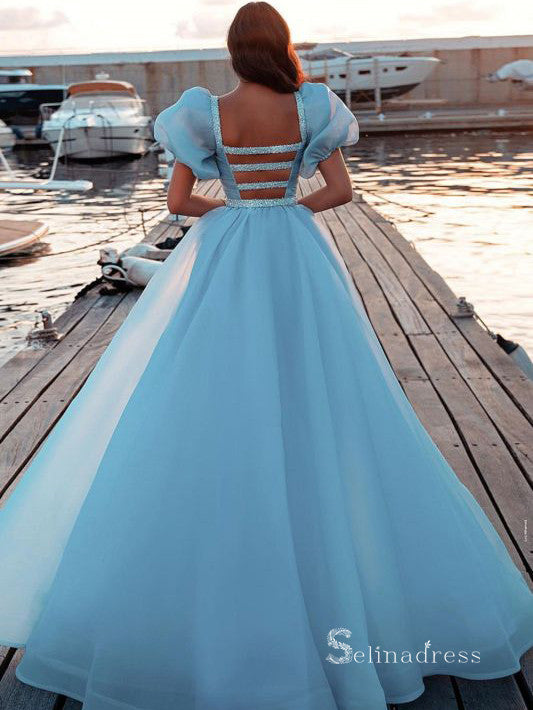 Chic A-line Blue Long Prom Dresses Square Neck Organza Evening Dresses MLH1212|Selinadress