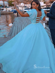 Chic A-line Blue Long Prom Dresses Square Neck Organza Evening Dresses MLH1212|Selinadress