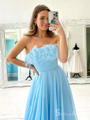 Chic A-line Light Sky Blue Chiffon Feather Long Prom Dresses Evening Dresses MLH2009|Selinadress