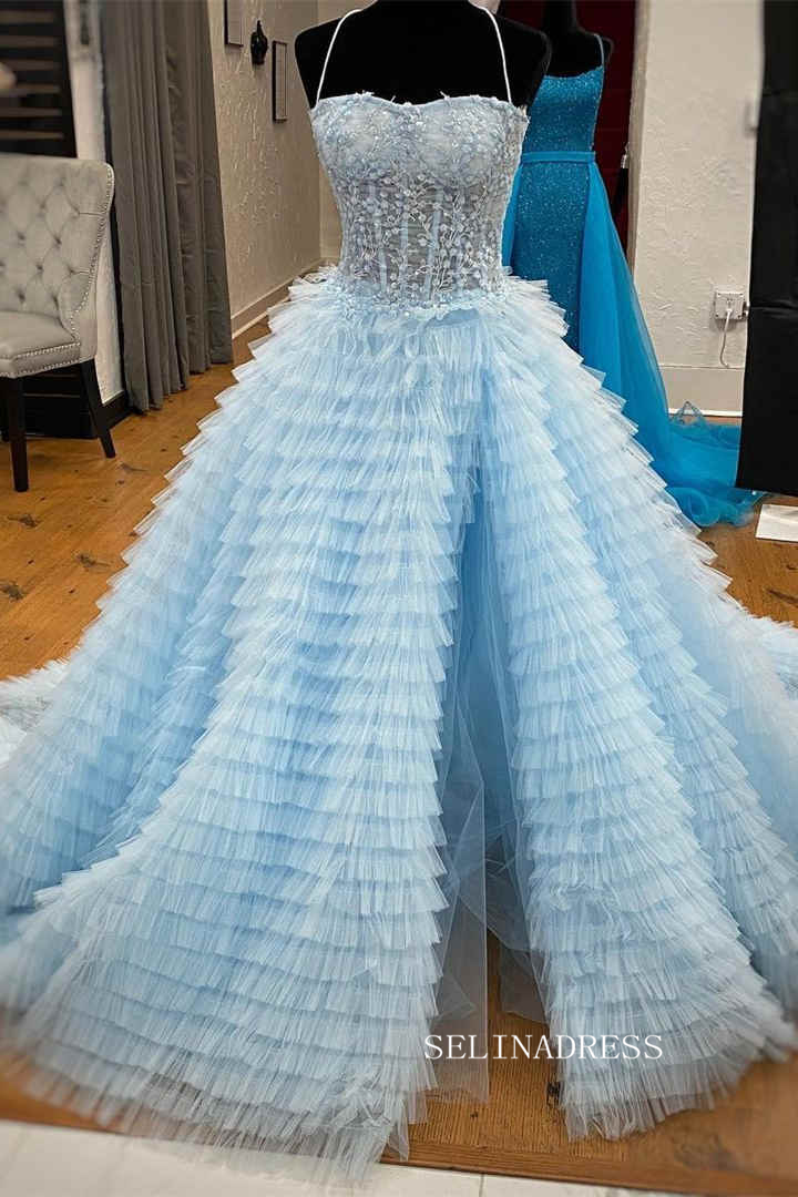 Chic Ball Gown Strapless Light Sky Blue Long Prom Dresses Evening Dresses MLH2011|Selinadress