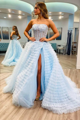 Chic Ball Gown Strapless Light Sky Blue Long Prom Dresses Evening Dresses MLH2011|Selinadress