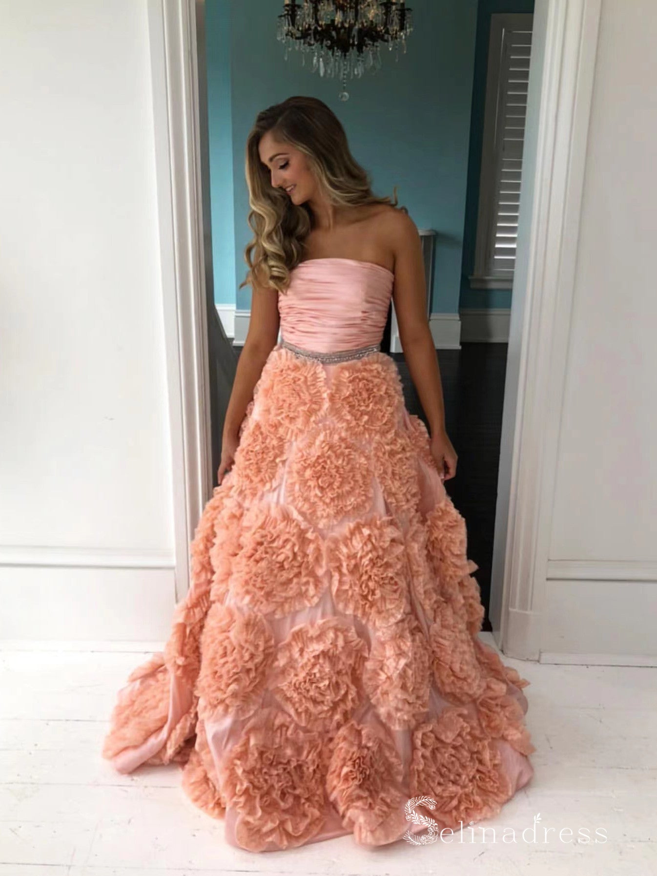 Chic A-line Strapless Ruffles Long Prom Dresses Modest Evening Dresses MLH2022|Selinadress