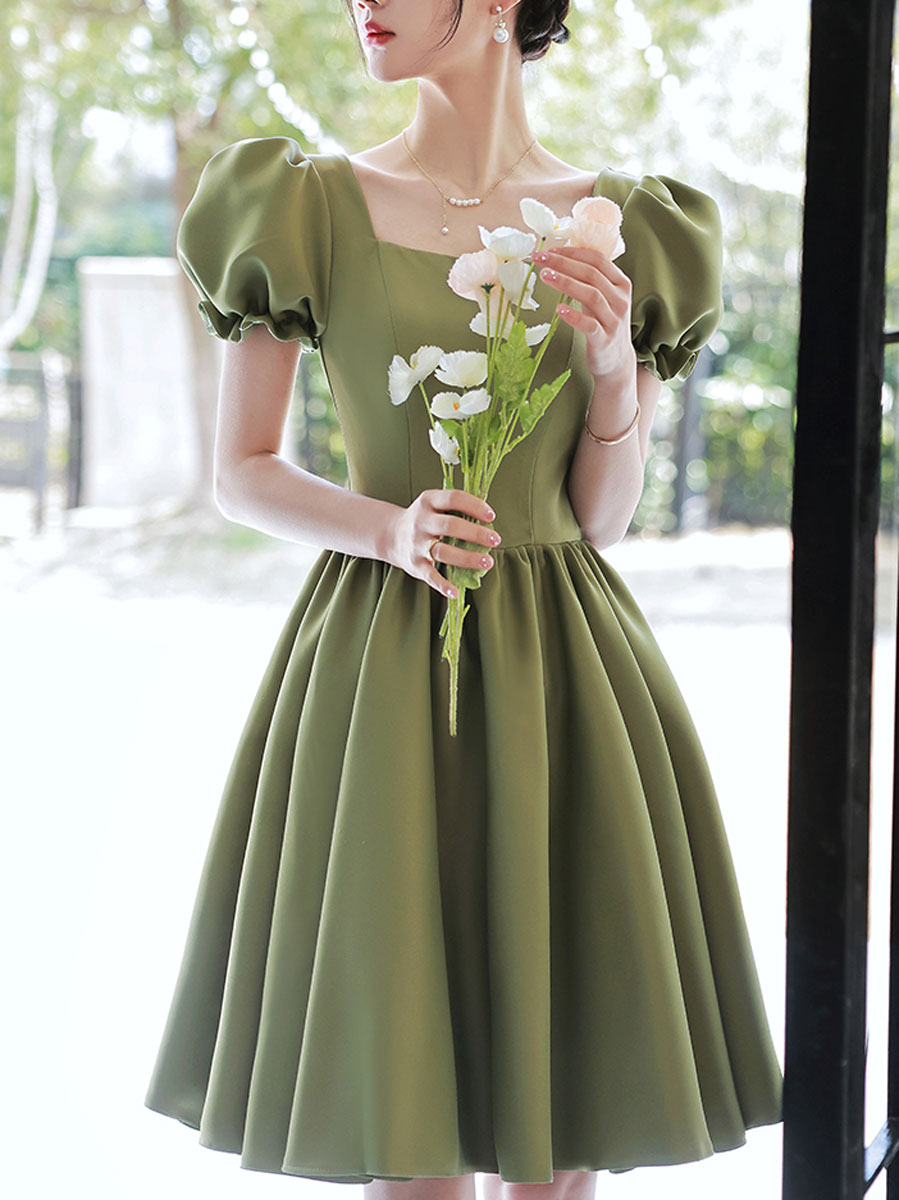 Simple green satin short prom dress, green satin bridesmaid dress