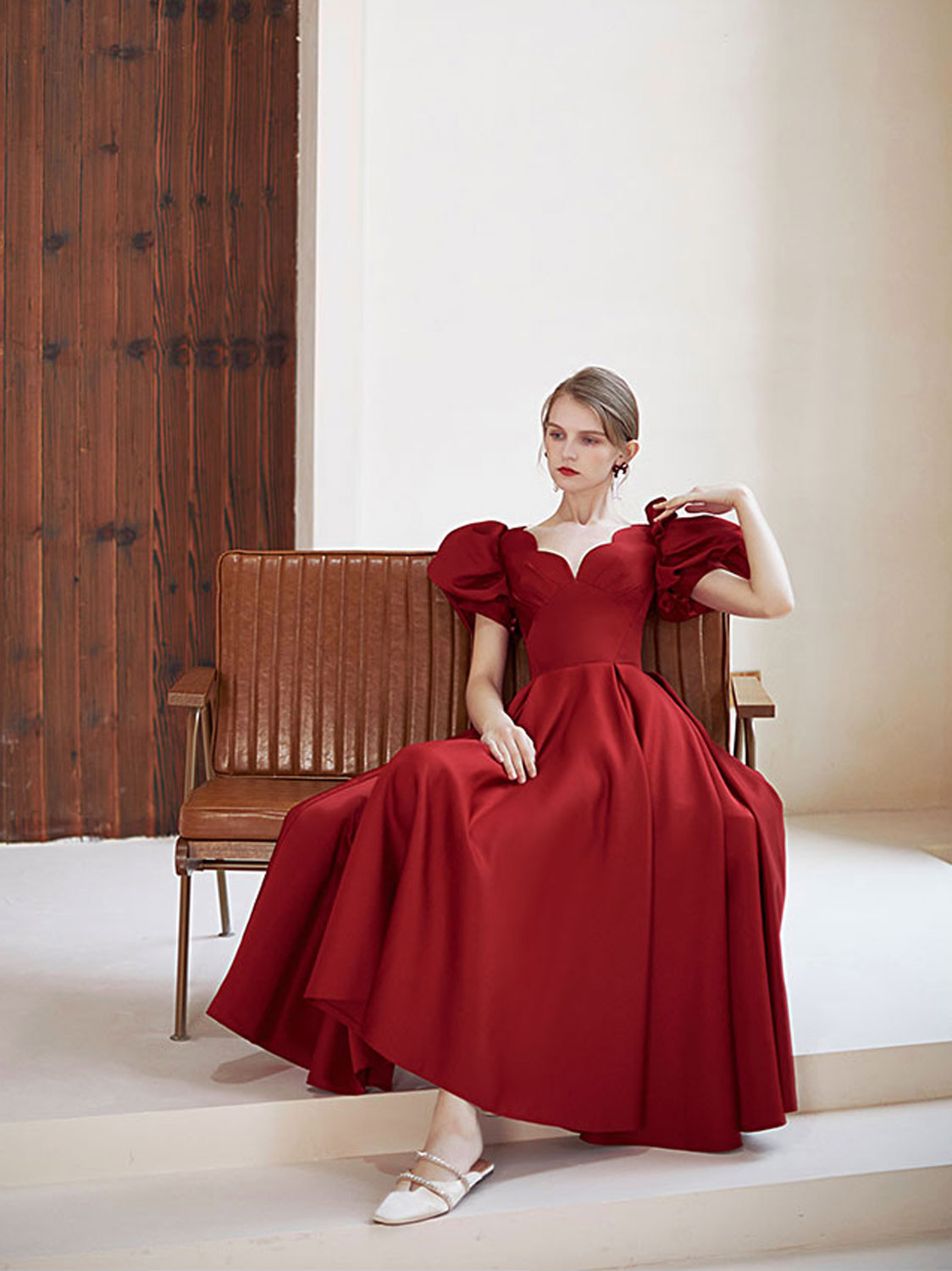 Simple v neck burgundy satin tea length prom dress burgundy evening dress