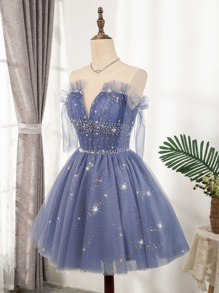 Blue tulle sequin short prom dress, blue tulle formal dress