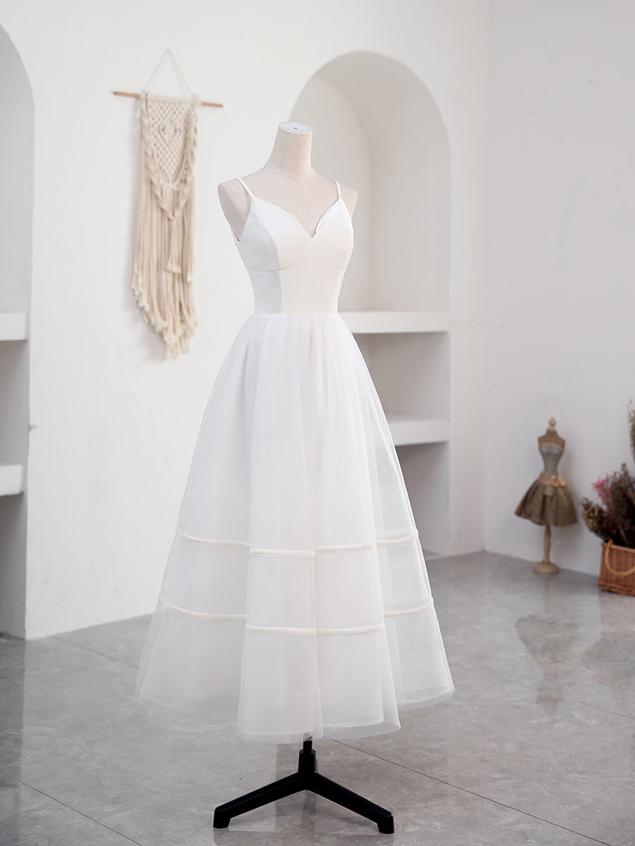 Simple v neck tulle tea length white prom dress, white bridesmaid dress