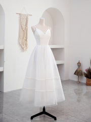 Simple v neck tulle tea length white prom dress, white bridesmaid dress