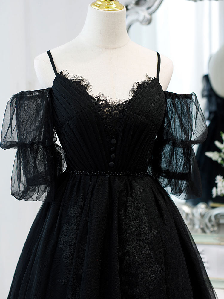 Black  v neck lace short prom dress tulle lack black party dress