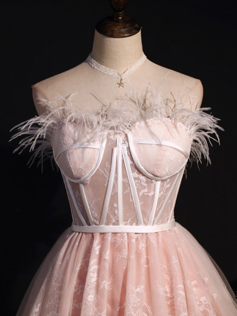 Pink sweetheart neck tulle lace short prom dress, pink homecoming dress