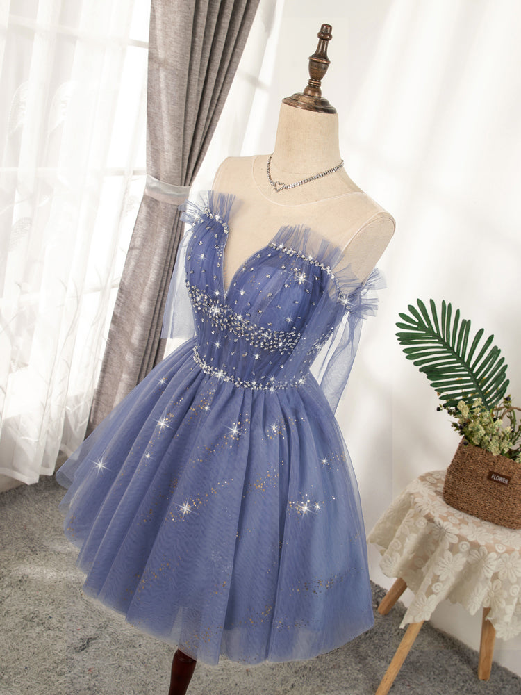 Blue tulle sequin short prom dress, blue tulle formal dress