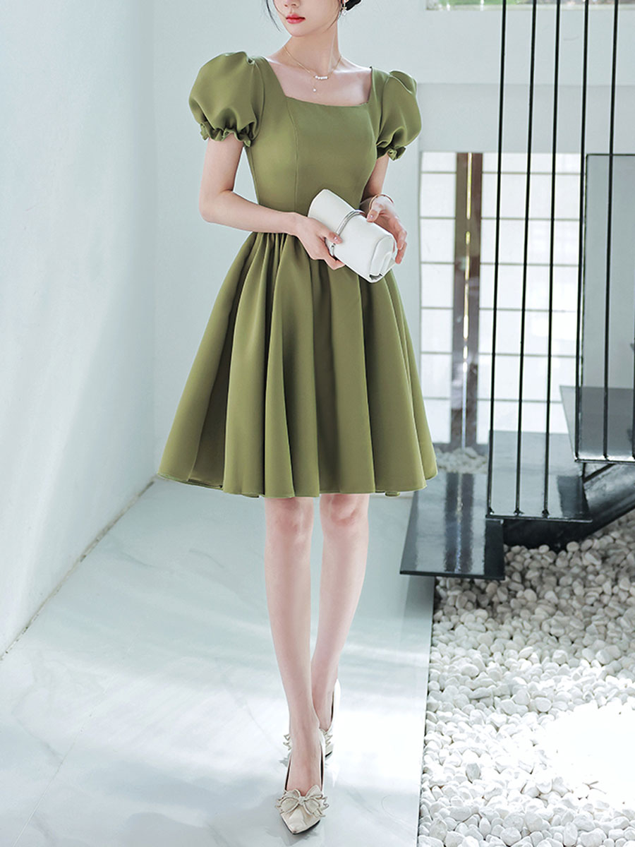 Simple green satin short prom dress, green satin bridesmaid dress