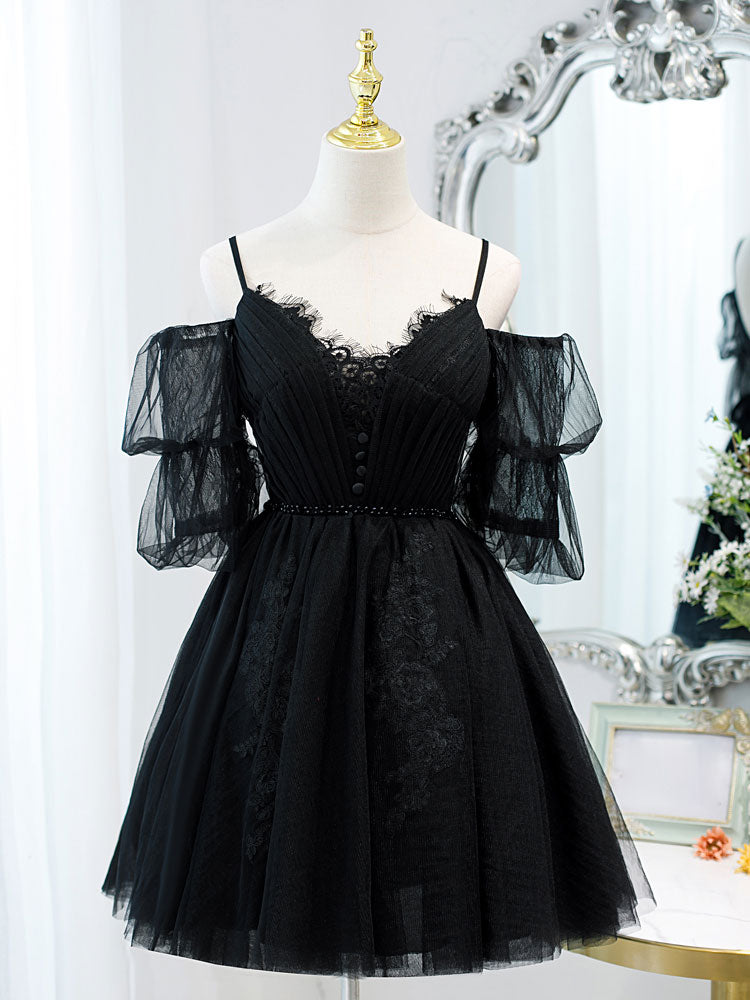 Black  v neck lace short prom dress tulle lack black party dress