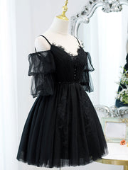 Black  v neck lace short prom dress tulle lack black party dress