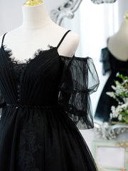 Black  v neck lace short prom dress tulle lack black party dress