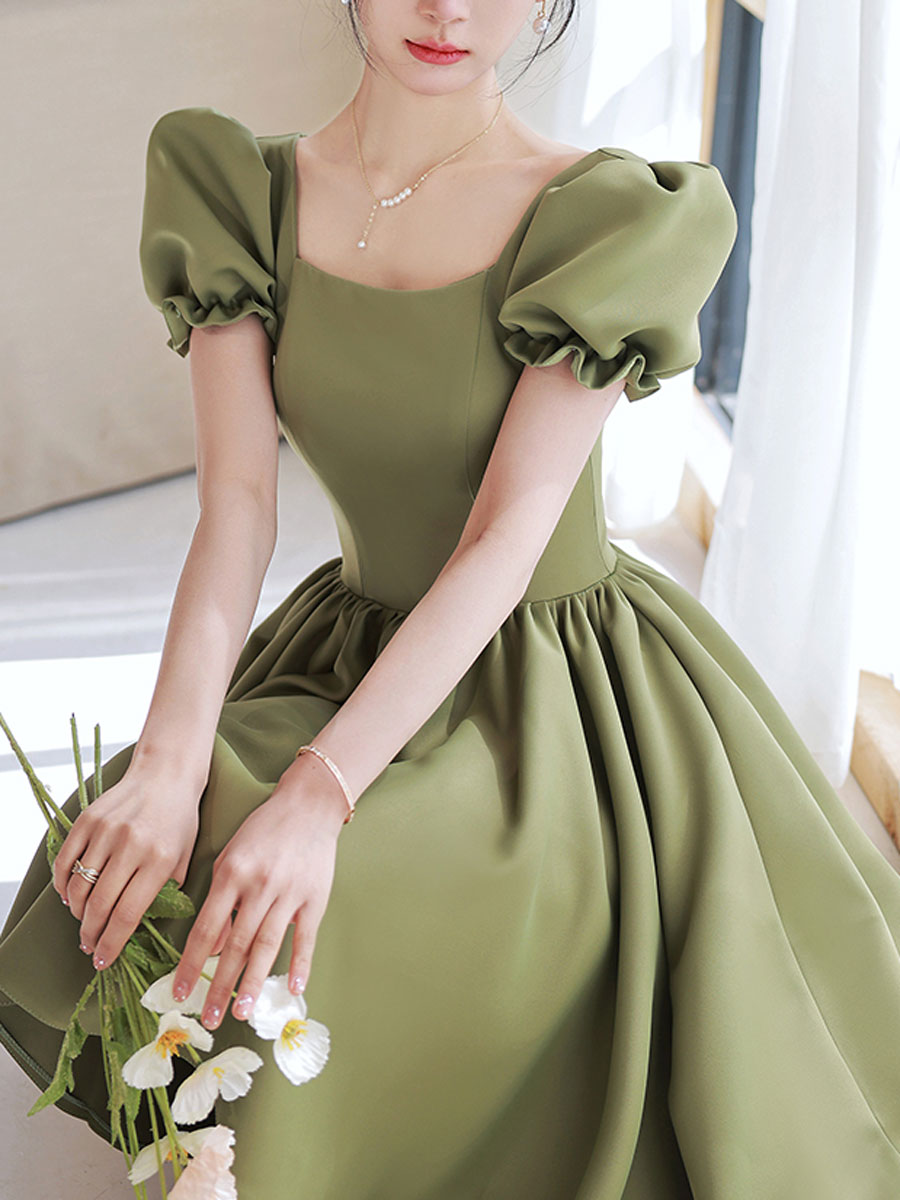 Simple green satin short prom dress, green satin bridesmaid dress