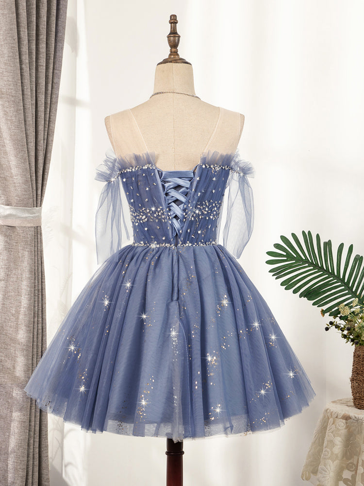 Blue tulle sequin short prom dress, blue tulle formal dress