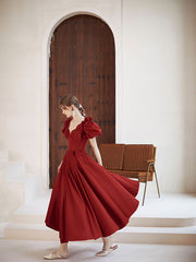 Simple v neck burgundy satin tea length prom dress burgundy evening dress