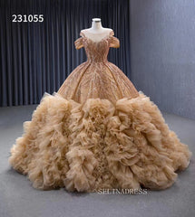 Off-the-shoulder Gold Ball Gowns Wedding Dresses Tulle Beaded Formal Dresses 231055|Selinadress