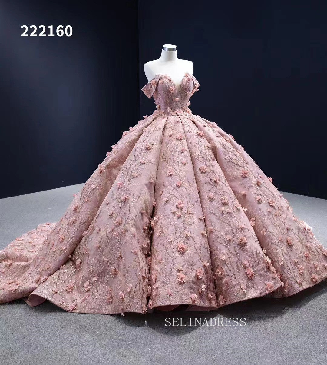 Off the Shoulder 3D Flower Pink Quince Dresses Ball Gown Wedding Dress Quinceanera Dresses 222160|Selinadress