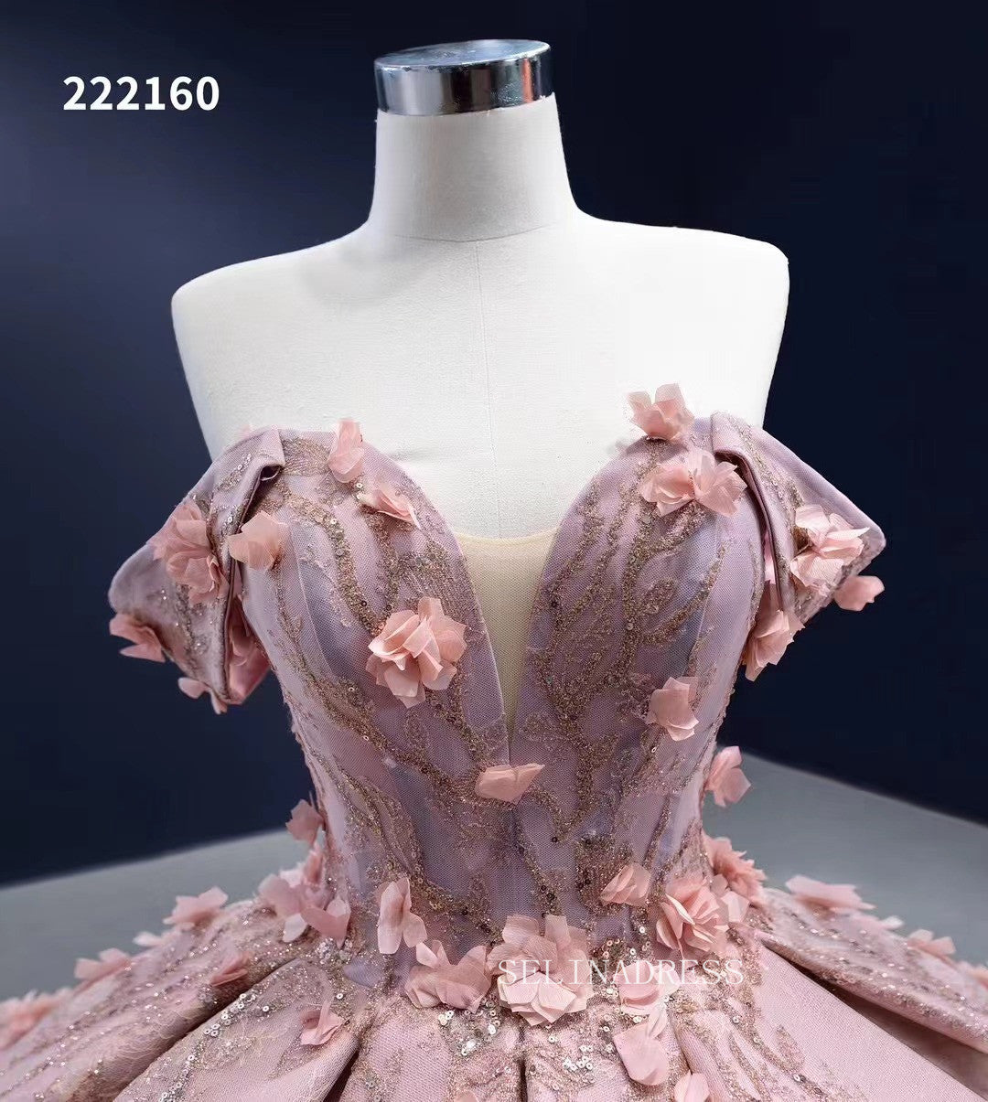 Off the Shoulder 3D Flower Pink Quince Dresses Ball Gown Wedding Dress Quinceanera Dresses 222160|Selinadress