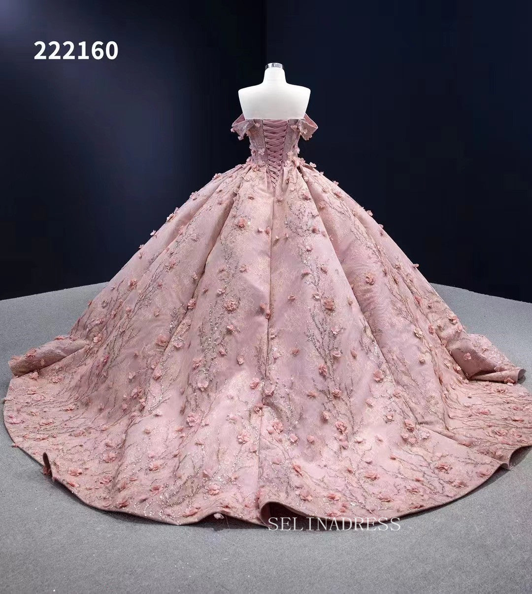 Off the Shoulder 3D Flower Pink Quince Dresses Ball Gown Wedding Dress Quinceanera Dresses 222160|Selinadress