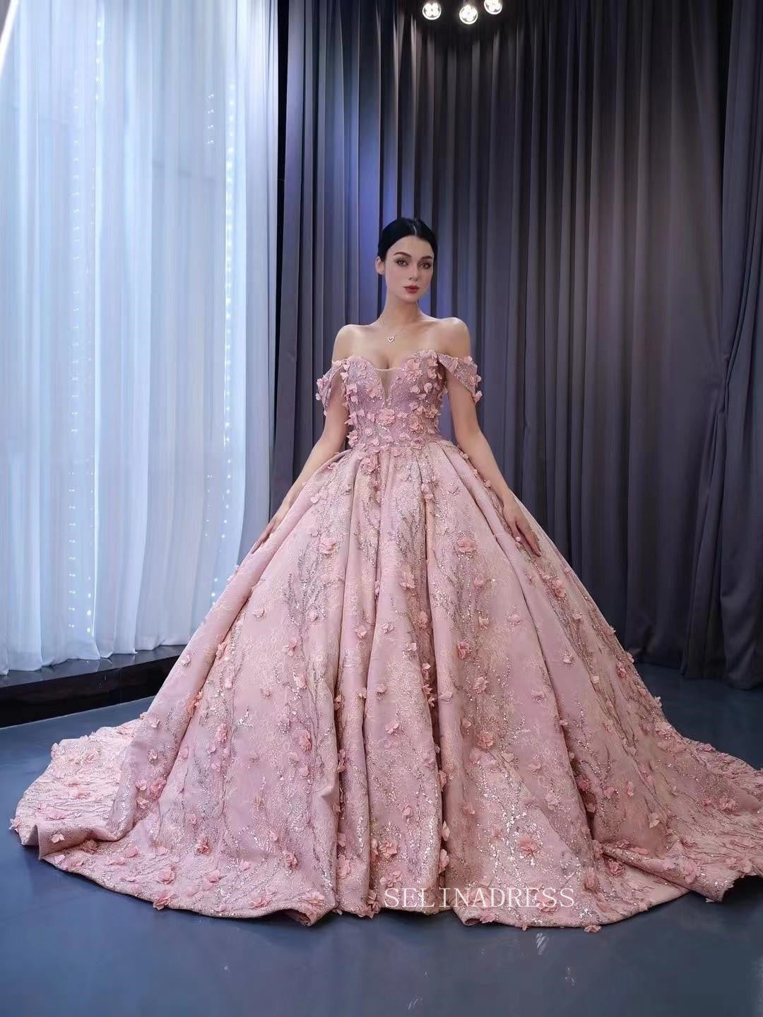 Off the Shoulder 3D Flower Pink Quince Dresses Ball Gown Wedding Dress Quinceanera Dresses 222160|Selinadress