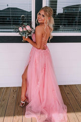 Lace Up Back Pink A-line Long Formal Dress EWQ001