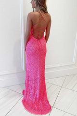 Hot Pink Sequins Mermaid Long Prom Dress EWQ003